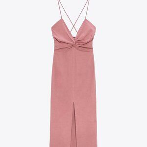 ZARA LINEN BLEND KNOTTED MIDI DRESS